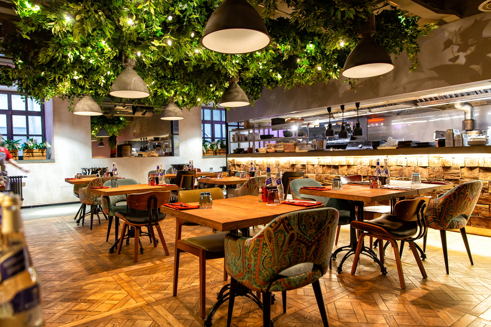 Cozy cafe interior with warm lighting